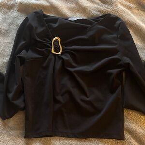 Primark Black Long Sleeve Draped Top with Gold Ring